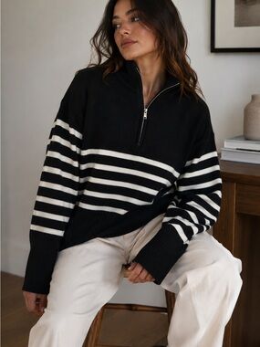 DKNY Black White Striped Quarter Zip Knit Sweater Cropped Relaxed Women’s